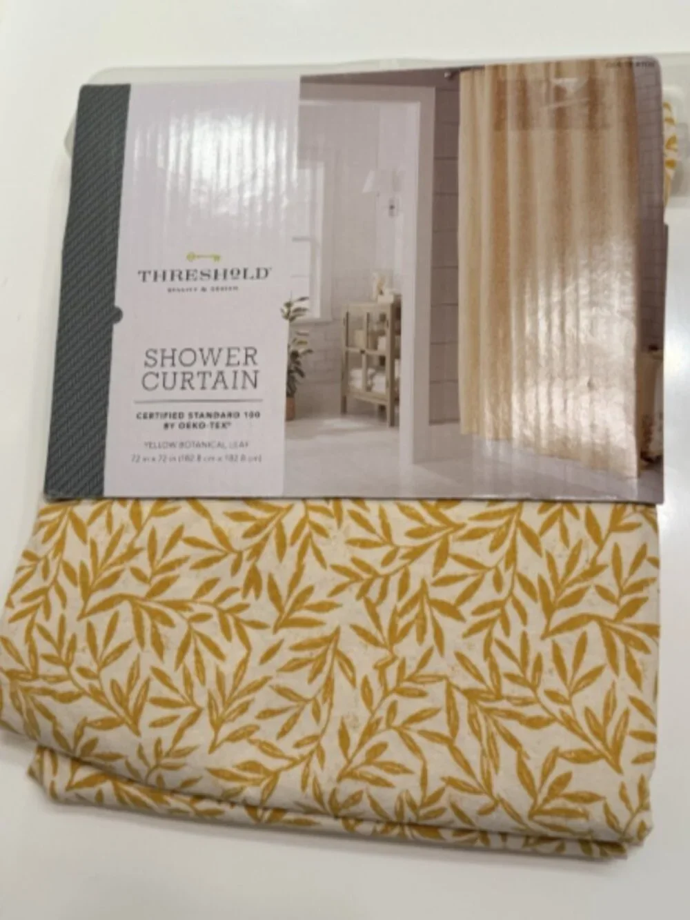 NEW Threshold Fabric Shower Curtain Yellow Botanical Leaf 72” x 72” Gold White